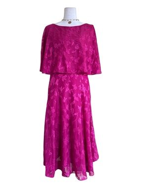 Maison Tara Magenta Floral Embroidered Cape Overlay Pleated Midi Dress Size 16